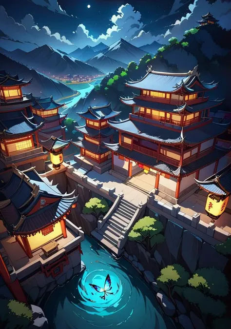 1girl,Chinese,Multicolored,POV from above,4k,chinese, scenery, mountain, no humans, outdoors, sky, night, architecture, east asian architecture, lantern, cloud, tree, building, house,rivers,fluorescent butterfly, rim light,low moon light,