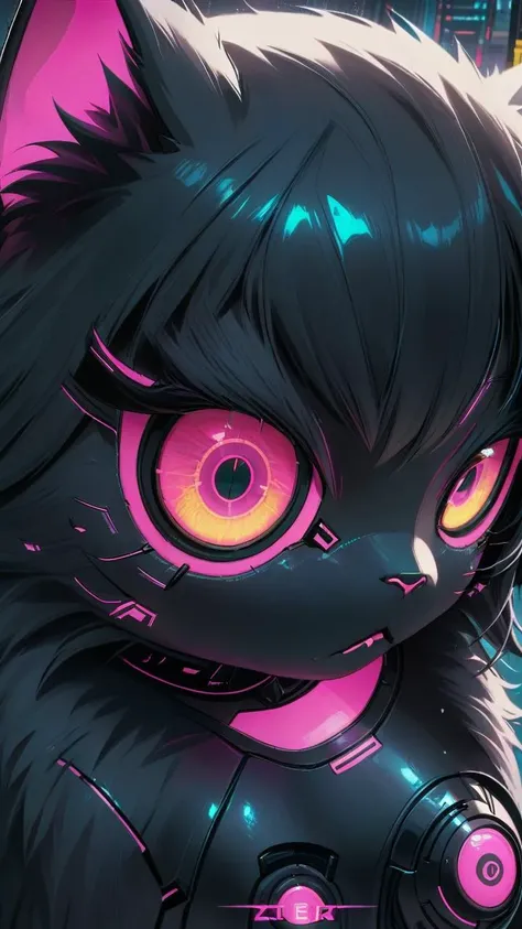 Closeup Photo of A cute black cat cyberware body,cyberpunk,detailed black robotic eyesblack demonic color,POV,detailed fur,tr dyeing style