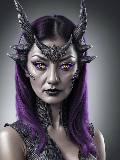 slim ManeeAI , ultra realistic, octane render, 8k BREAK
fine detailed silver crescent glasses, pointy ears, (blackish scaly skin:1.3),black lips, black eye shadow,
(beautiful purple eyes), perfect anatomy,dragon horns,