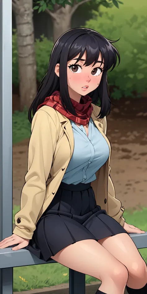 <lora:flytrapxx_style_v2:0.9>, flytrapxx,
1girl, solo, skirt, long hair, swing, fringe trim, scarf, blurry background, open clothes, blush, blurry, very long hair, outdoors, socks, black skirt, pleated skirt, red scarf, bangs, black hair, black socks, breath, depth of field, long sleeves, sitting, enpera, bag, school uniform, brown eyes, plaid, sleeves past wrists, day, jacket, parted lips, coat, school bag, open jacket, looking at viewer, kneehighs, plaid skirt, open coat, sweat, closed mouth, feet out of frame, blue jacket, miniskirt, ribbed legwear, sweater, railing, :o, duffel coat, nose blush, sidelocks, cardigan