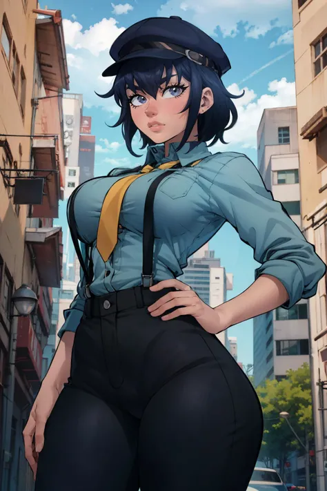 (masterpiece:1.4), (best quality), (detailed), (8k), absurdres, (1girl, solo, from below, looking at viewer:1.5, alley), <lora:flytrapxx_style_v2-31:1>, flytrapxx, flat color, <lora:shirogane naoto:0.8>, shiroganenaoto, hat, black pants, blue shirt, yellow tie, suspenders, large breasts, heavy blush, grey eyes, hands on hips, thinking,
