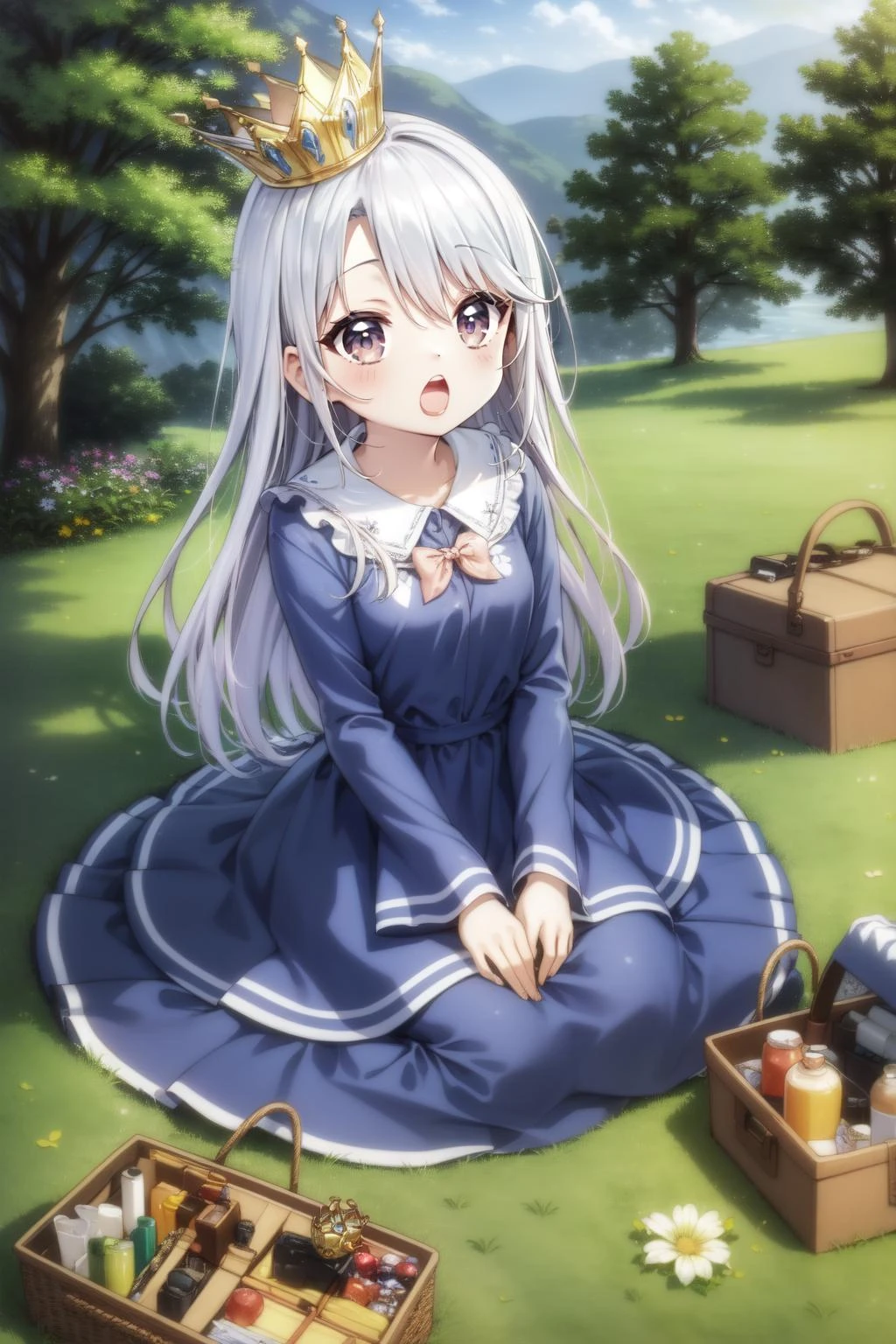 (masterpiece, best quality), intricate details,
1girl, <lora:ShiroNGNL:0.8> ShiroNGNL, white hair, crown, blue dress, ribbon,
outdoors, picnic, grass, tree, happy, <lora:talkmouth_O_v100:1> open mouth