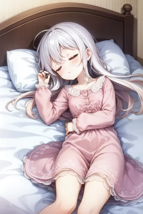 (masterpiece, best quality), intricate details,
1girl, <lora:ShiroNGNL:0.8> ShiroNGNL, white hair,
indoors, lying on bed, bedroom, sleeping, cute, pink pajamas,