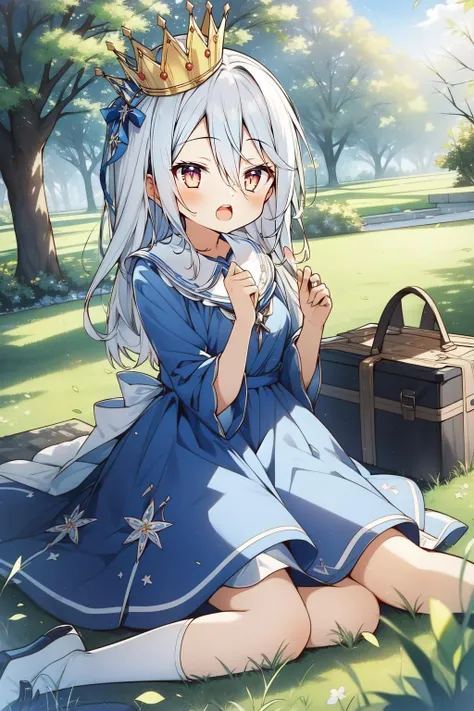 (masterpiece, best quality),  intricate details,
1girl, <lora:ShiroNGNL:0.8> ShiroNGNL, white hair,  crown, blue dress, ribbon, 
outdoors, picnic, grass, tree, happy,  <lora:talkmouth_O_v100:1> open mouth