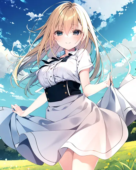 masterpiece, best quality, 1girl, solo, outdoors,blush, looking at viewer, smile,grass,bangs,sky, blue sky, cloud, medium breasts, hair between eyes, blonde hair, blue eyes, white shirt, white skirt,long hair,<lora:inkr:1>