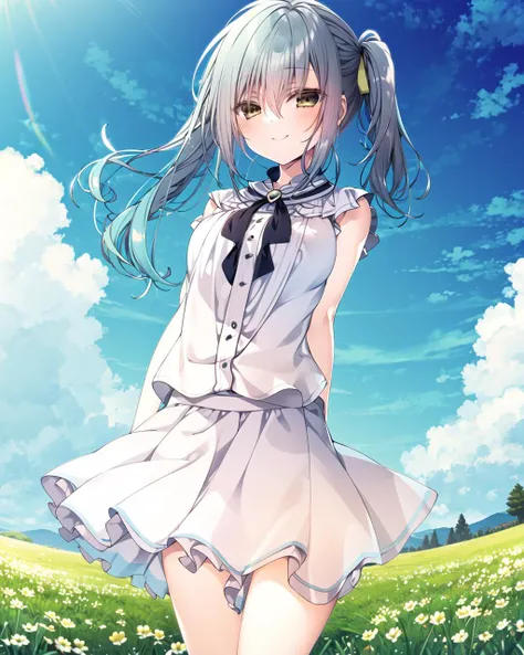 masterpiece, best quality, 1girl, solo, outdoors,blush, looking at viewer, smile,grass,bangs,sky, blue sky, cloud, medium breasts, hair between eyes, blue hair, yellow eyes, arms behind back,white shirt, white skirt,simple clothes, side ponytail,long hair,<lora:inkr:1>