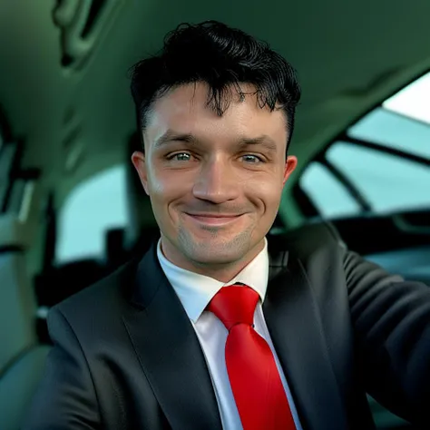 white shirt, portrait, necktie, pants, black hair, facial hair, black shirt, male focus, red necktie, smile