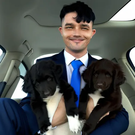 pants, black hair, animification, formal, holding animal, male focus, short hair, black shirt, smile, blue necktie