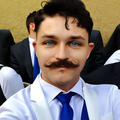 shirt, mustache, blue eyes, suit, animification, animal, multiple boys, 1girl, male focus, white shirt