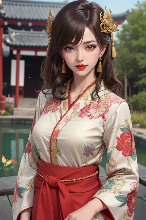 (masterpiece:1.5), (((top quality, best quality, high quality))), ((intricately detailed, ultra-detailed, insanely detailed)), highres, 32K, extremely detailed unity CG 8K wallpaper, (beautiful and aesthetic:1.2),, (depth of field:1.3), (immaculate:1.3), (professional realistic oil painting \(medium\):1.4),
((brilliant full lighting, luscious colors)),  (close up),
(upper body:1.4),
(1girl:1.5), (solo:1.4), (Japanese shrine dancer:1.4),
beautiful gorgeous face, [(detailed face:1.2):0.2], bright big eyes, pureerosface_v1, (red lips:1.4), (full glossy lips:1.4), (smile:1.2),  medium hair, (clean tidy hair:1.5),
slender, perfect feminine body, bright glistening skin, realistic skin, skin pores, narrow waist, wide hips,
(ceremonial kimono:1.5), (collared top:1.5), (ornate glittering delicate embroideries:1.5), (ornate fluttering loincloth:1.5), (see-through), (detached collar), (fabrication glitters:1.5), (luxury intricate clothing jewelries),  (clothing sparkles:1.4), (sparkling particles:1.3), (((identical))) earrings,  armlets, hair ornaments, hairclip,
(standing in the garden of a Shinto temple with a tiny pond:1.5), (mountainous region:1.5), (fantasy:1.5), (surrealism:1.5), <lora:detail_slider_v4:1.5>, <lora:GoodHands-beta2:1>