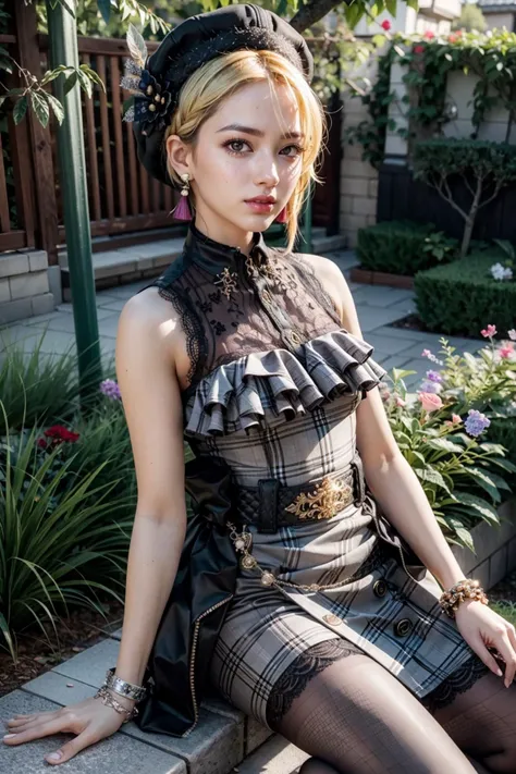 (realistic:1.3), finely detailed, quality, rembrandt lighting, (masterpiece:1.2), (photorealistic:1.2), (best quality), (detailed skin:1.3), (intricate details), dramatic, ray tracing, 1girl, 21 years old, detailed skin texture, (blush:0.5), (goosebumps:0.5), subsurface scattering, smiling, medium breasts, hmfre, blonde hair, braid, beret, black headwear, earrings, armlet, plaid, bare shoulders, black bow, black dress, lace, collared dress, buttons, wrist cuffs, bracelet, belt, fishnet pantyhose, idolmaster cinderella girls, cowboy shot, sitting, (bright sunny day, tokyo, garden, bushes, flowers, trees, dynamic pose), <lora:miyamoto_frederica_v1:1>
