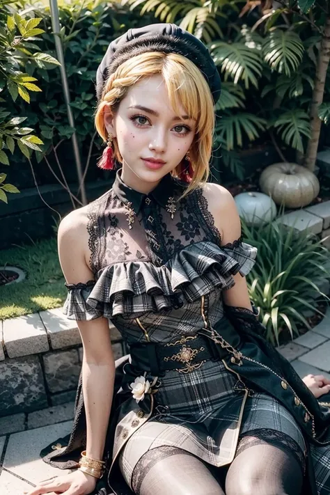 (realistic:1.3), finely detailed, quality, rembrandt lighting, (masterpiece:1.2), (photorealistic:1.2), (best quality), (detailed skin:1.3), (intricate details), dramatic, ray tracing, 1girl, 21 years old, detailed skin texture, (blush:0.5), (goosebumps:0.5), subsurface scattering, smiling, medium breasts, hmfre, blonde hair, braid, beret, black headwear, earrings, armlet, plaid, bare shoulders, black bow, black dress, lace, collared dress, buttons, wrist cuffs, bracelet, belt, fishnet pantyhose, idolmaster cinderella girls, cowboy shot, sitting, (bright sunny day, tokyo, garden, bushes, flowers, trees, dynamic pose), <lora:miyamoto_frederica_v1:1>