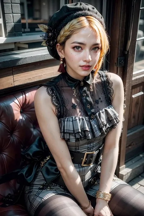 (realistic:1.3), finely detailed, quality, rembrandt lighting, (masterpiece:1.2), (photorealistic:1.2), (best quality), (detailed skin:1.3), (intricate details), dramatic, ray tracing, 1girl, 21 years old, detailed skin texture, (blush:0.5), (goosebumps:0.5), subsurface scattering, smiling, medium breasts, hmfre, blonde hair, braid, beret, black headwear, earrings, armlet, plaid, bare shoulders, black bow, black dress, lace, collared dress, buttons, wrist cuffs, bracelet, belt, fishnet pantyhose, idolmaster cinderella girls, cowboy shot, sitting, (bright sunny day, tokyo, cafe, modern, contemporary, dynamic pose), <lora:miyamoto_frederica_v1:1>