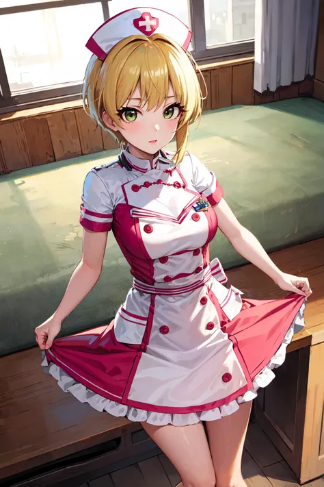 masterpiece, best quality, highres, hmfre, blonde hair, idolmaster cinderella girls, <lora:miyamoto_frederica_v1:0.7>, nurse cap, nurse, dress, standing,