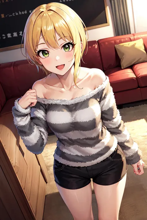 masterpiece, best quality, highres, hmfre, blonde hair, collarbone, off shoulder, striped sweater, long sleeves, sleeves past wrists, black shorts, idolmaster cinderella girls, <lora:miyamoto_frederica_v1:0.7>, cowboy shot, living room, standing, smile, open mouth,