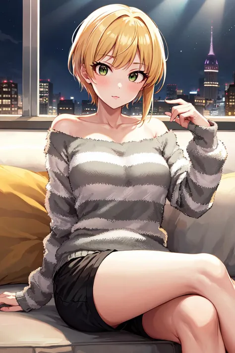 masterpiece, best quality, highres, hmfre, blonde hair, collarbone, off shoulder, striped sweater, long sleeves, sleeves past wrists, black shorts, idolmaster cinderella girls, <lora:miyamoto_frederica_v1:0.7>, sofa, sitting, crossed legs,