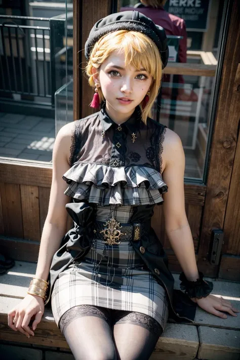 (realistic:1.3), finely detailed, quality, rembrandt lighting, (masterpiece:1.2), (photorealistic:1.2), (best quality), (detailed skin:1.3), (intricate details), dramatic, ray tracing, 1girl, 21 years old, detailed skin texture, (blush:0.5), (goosebumps:0.5), subsurface scattering, smiling, medium breasts, hmfre, blonde hair, braid, beret, black headwear, earrings, armlet, plaid, bare shoulders, black bow, black dress, lace, collared dress, buttons, wrist cuffs, bracelet, belt, fishnet pantyhose, idolmaster cinderella girls, cowboy shot, sitting, (bright sunny day, tokyo, garden, bushes, flowers, trees, dynamic pose), <lora:miyamoto_frederica_v1:1>