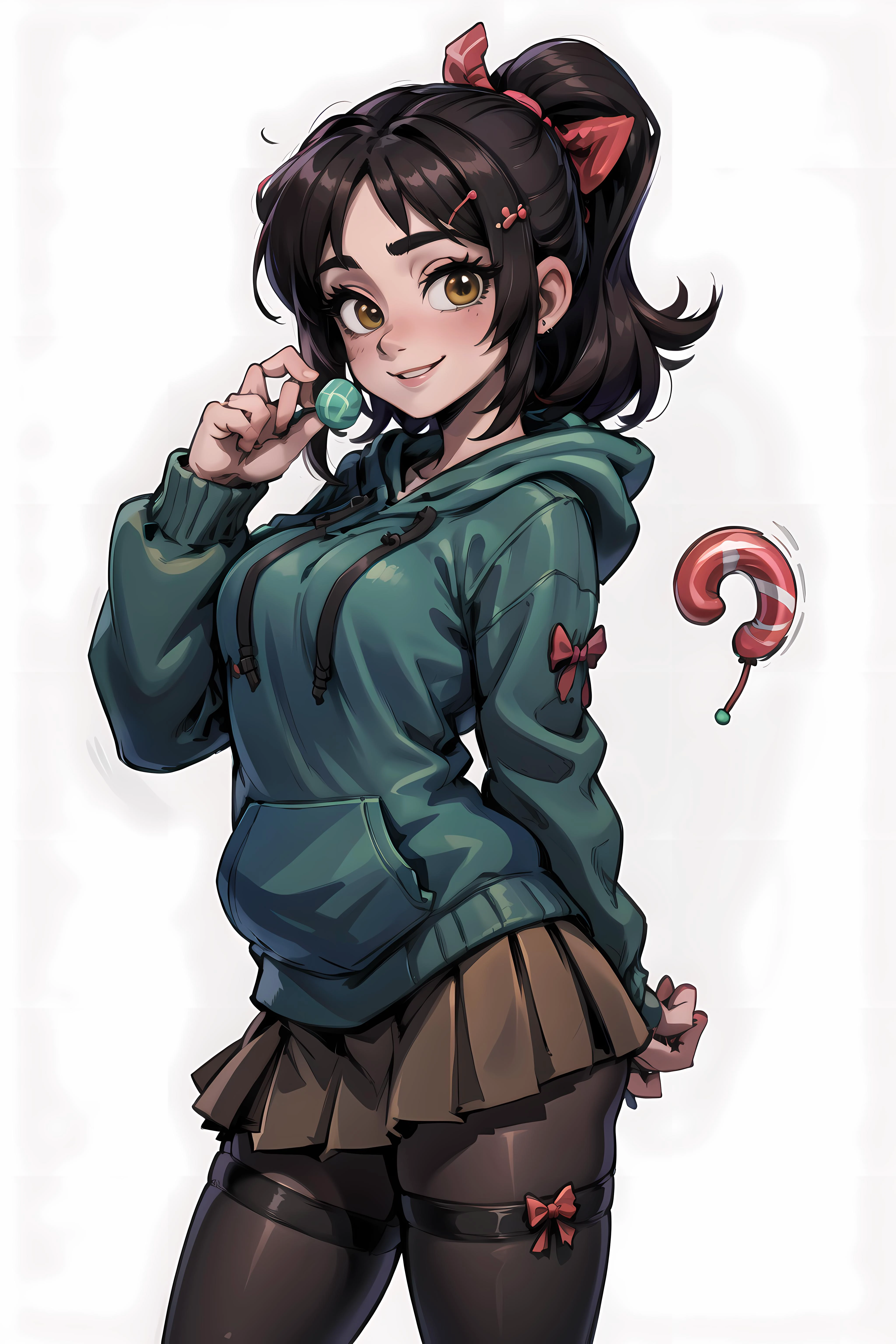 ((masterpiece,best quality)), absurdres, (((sfw))), <lora:VRAMsVanellope:0.7>, xyzvanellope, brown hair, short, portrait, candy, solo, hair ornament, bow, hoodie, green hoodie, striped pantyhose, skirt, candy land background, smile,
