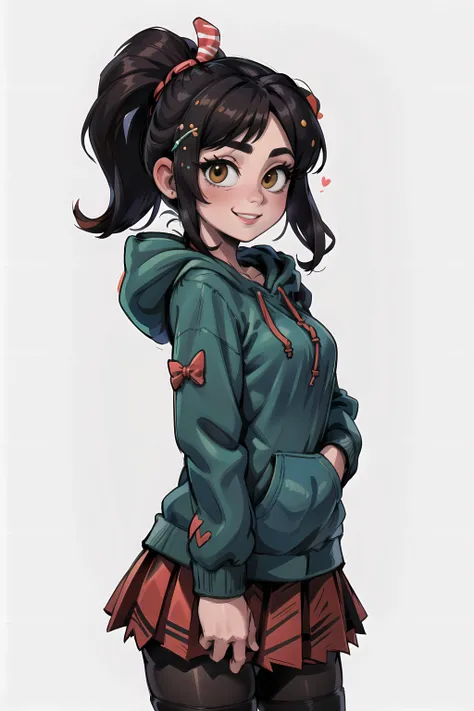 ((masterpiece,best quality)), absurdres, (((sfw))),  <lora:VRAMsVanellope:0.7>, xyzvanellope,  brown hair, short, portrait, candy, solo, hair ornament, bow, hoodie, green hoodie, striped pantyhose, skirt, candy land background, smile,