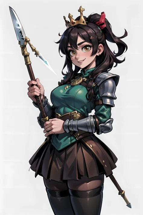 ((masterpiece,best quality)), absurdres, (((sfw))), <lora:VRAMsVanellope:0.7>, xyzvanellope, brown hair, short, candy, hair ornament, bow, steel armored pantyhose, skirt, candy land background, smile, green tabard, steel medieval armor, spear, wearing a silver royal crown, holding a melee weapon,