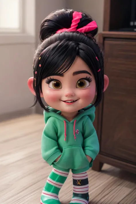 <lora:VRAMsVanellope:0.9>, xyzvanellope, 1girl, beautiful, short, portrait, candy, solo, hair ornament, bow, striped, chibi, hoodie, happy, green, striped pantyhose, realistic, (masterpiece:1.1), (best quality:1.1), beautiful, (intricate details), unity 8k wallpaper, ultra detailed, beautiful, aesthetic, perfect lighting, <lora:add_detail:0.1>