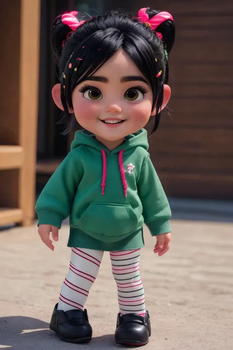 <lora:VRAMsVanellope:0.9>, xyzvanellope, 1girl, beautiful, short, portrait, candy, solo, hair ornament, bow, striped, chibi, hoodie, happy, green, striped pantyhose, realistic, (masterpiece:1.1), (best quality:1.1), beautiful, (intricate details), unity 8k wallpaper, ultra detailed, beautiful, aesthetic, perfect lighting, <lora:add_detail:0.1>