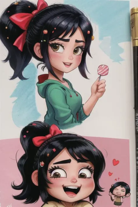 <lora:VRAMsVanellope:.7> "xyzvanellope, short, candy, hair ornament, bow, striped, chibi", forgotten, drawing