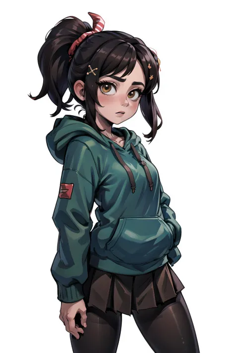 ((masterpiece,best quality)), absurdres, (((sfw))),  <lora:VRAMsVanellope:0.7>, xyzvanellope,  brown hair, short, portrait, candy, solo, hair ornament, bow, hoodie, green hoodie, striped pantyhose, skirt,