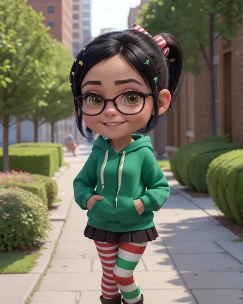<lora:VRAMsVanellope:0.5>, xyzvanellope, 1girl, beautiful, short, portrait, candy, solo, looking at viewer, hair ornament, bow, striped, chibi, hoodie, happy, green, striped pantyhose