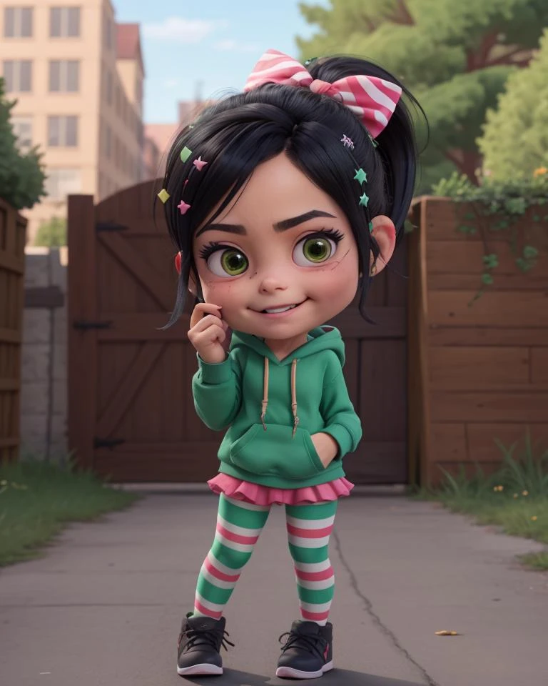 <lora:VRAMsVanellope:0.5>, xyzvanellope, 1girl, beautiful, short, portrait, candy, solo, hair ornament, bow, striped, chibi, hoodie, happy, green, striped pantyhose
