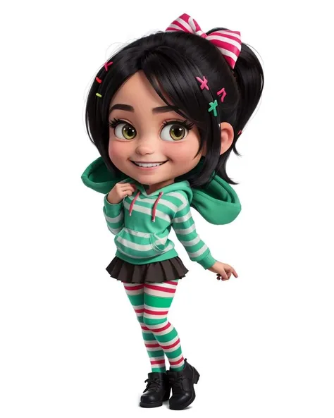 <lora:VRAMsVanellope:0.5>, xyzvanellope, 1girl, beautiful, short, portrait, candy, solo, looking at viewer, hair ornament, bow, striped, chibi, hoodie, smile, green, striped pantyhose