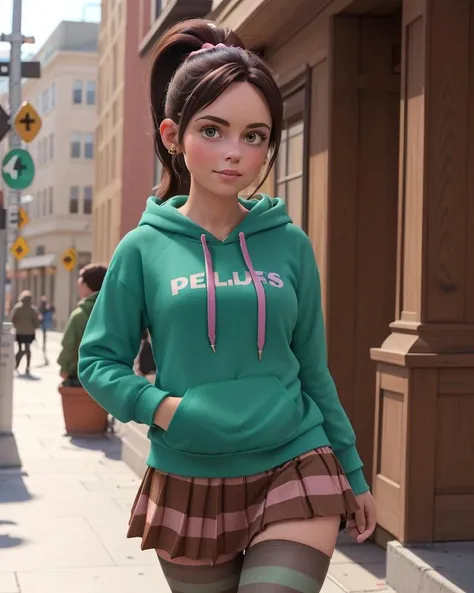 <lora:VRAMsVanellope:0.5>, xyzvanellope, 1girl, beautiful, brown hair, portrait, candy colors, pastel, solo, hair ornament, bow, hoodie, green hoodie, striped pantyhose, skirt, ponytail, shopping