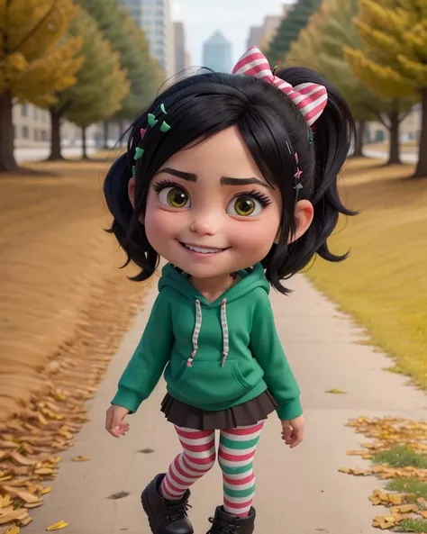 <lora:VRAMsVanellope:0.5>, xyzvanellope, 1girl, beautiful, short, portrait, candy, solo, hair ornament, bow, striped, chibi, hoodie, happy, green, striped pantyhose