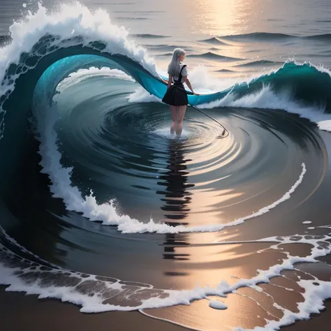1 girl,ripples, wave, water drop, neon,siver, sand
