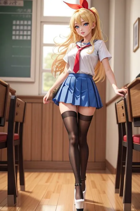 <lora:add_detail:0.5> <lora:copax_charm_eu:0.2> (1girl,3d, photorealistic,masterpiece, best quality, intricate), amused, portrait, seductive pose, in a restaurant
chitoge kirisaki, blonde hair, blue eyes, hair ribbon, long hair, red ribbon, ribbon,black thighhighs, blue skirt, bonyari high school uniform, high heels, necktie, platform footwear, platform heels, pleated skirt, school uniform, serafuku, shoes, short sleeves, skirt, thighhighs, white footwear, zettai ryouiki
<lora:chitogekirisakitest:0.9>