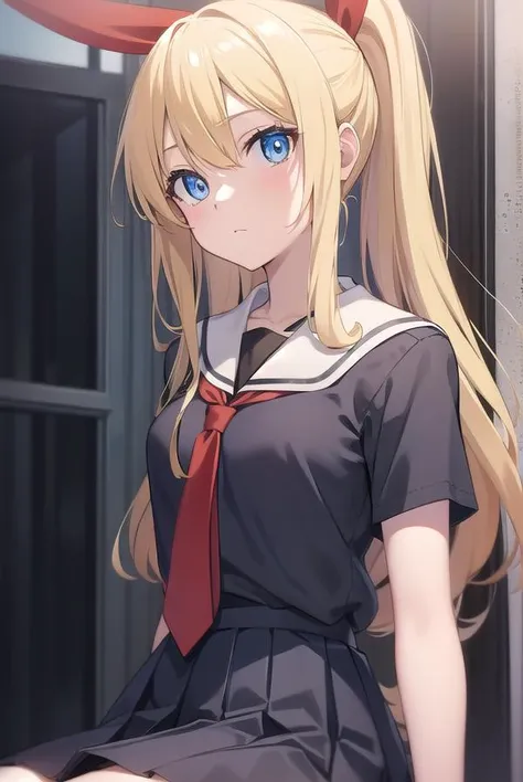 chitogekirisaki, <lora:chitogekirisakitest:1>, chitoge kirisaki, blonde hair, blue eyes, hair ribbon, long hair, red ribbon, ribbon,
BREAK black thighhighs, blue skirt, bonyari high school uniform, high heels, necktie, platform footwear, platform heels, pleated skirt, school uniform, serafuku, white school uniform, shoes, short sleeves, skirt, thighhighs, white footwear, zettai ryouiki,
BREAK indoors, classroom,
BREAK looking at viewer, BREAK <lora:GoodHands-vanilla:1>, (masterpiece:1.2), best quality, high resolution, unity 8k wallpaper, (illustration:0.8), (beautiful detailed eyes:1.6), extremely detailed face, perfect lighting, extremely detailed CG, (perfect hands, perfect anatomy),