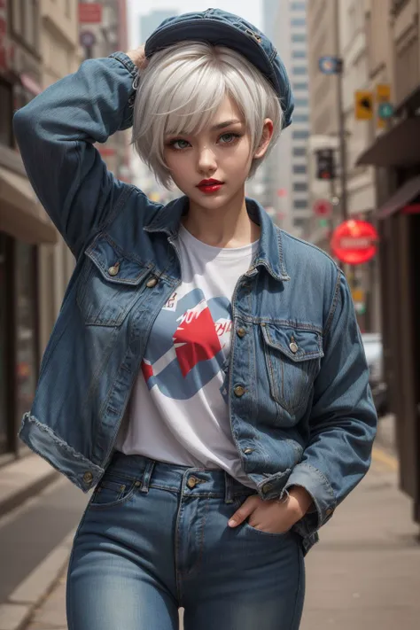 best quality, (1girl, White hair, pixie cut, red lips), (wearing jeans and a tshirt, holding on to hat, blue jacket, hand in pocket), in a city <lora:hairdetailer:.5> <lora:add_detail:0.5> <lora:boldline:0.2>