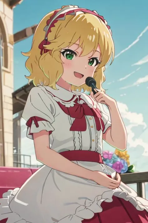 best quality, masterpiece, highres, solo, {sakurai_momoka_theidolmastercinderellagirlsu149:1.15}, blonde_hair, hairband, short_hair, green_eyes, bangs, upper_body, smile, bow, open_mouth, wavy_hair, dress, frills, multiple_girls, ribbon, solo_focus, 1girl, :d, blush, neck_ribbon, lolita_hairband