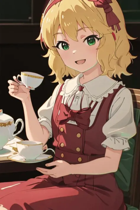 best quality, masterpiece, highres, solo, {sakurai_momoka_theidolmastercinderellagirlsu149:1.15}, blonde_hair, hairband, short_hair, green_eyes, bangs, upper_body, smile, bow, open_mouth, wavy_hair, 1girl, holding, ribbon, frills, hair_bow, neck_ribbon, shirt, white_shirt, cup, red_ribbon, holding_cup, sitting, teacup, short_sleeves, closed_mouth, vest, film_grain