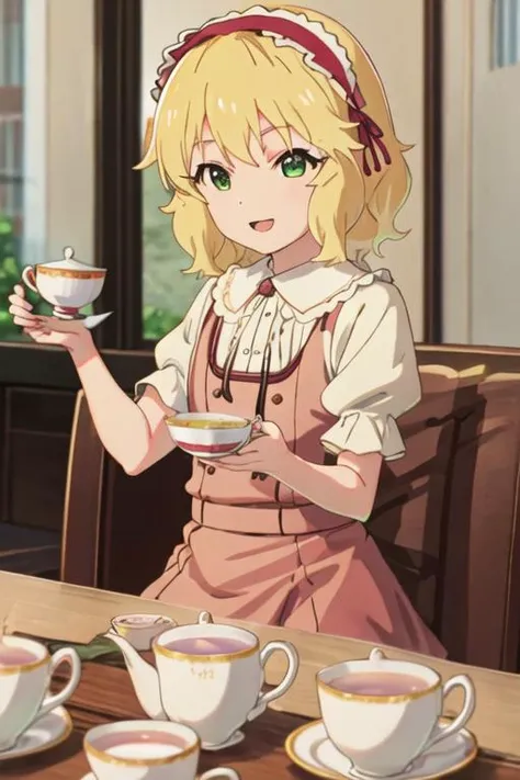 best quality, masterpiece, highres, solo, {sakurai_momoka_theidolmastercinderellagirlsu149:1.15}, blonde_hair, hairband, short_hair, green_eyes, bangs, upper_body, smile, bow, open_mouth, wavy_hair, 1girl, bowtie, dress, frills, looking_at_viewer, indoors, hair_between_eyes, hair_bow, medium_hair, red_bow, red_bowtie, red_dress, red_hairband, short_sleeves