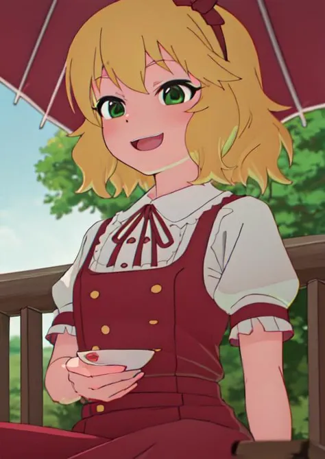 (masterpiece, best quality:1.2), extremely detailed, soft ambient lighting, sharp focus, 4K, BREAK <lora:sakurai_momoka_theidolmastercinderellagirlsu149:1>, 1girl, solo, (sakurai_momoka_theidolmastercinderellagirlsu149:0.8), short wavy blonde hair, red frilled hairband, green eyes, bangs, bow, red ribbon, neck ribbon, puffy short sleeves, smiling, open mouth, BREAK outdoors, park, standing, looking at viewer