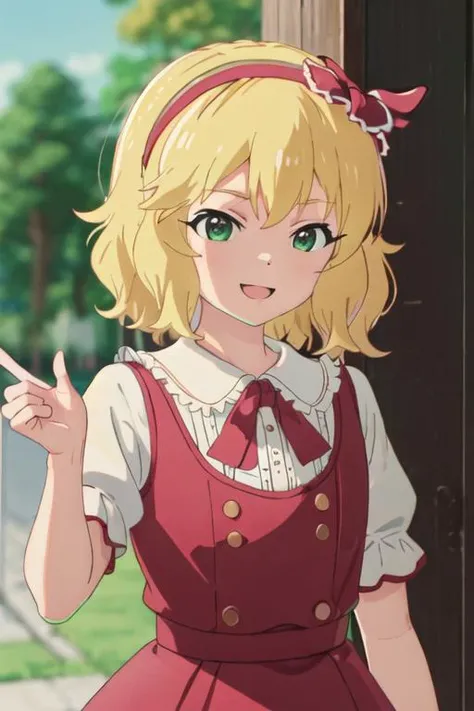 best quality, masterpiece, highres, solo, {sakurai_momoka_theidolmastercinderellagirlsu149:1.15}, blonde_hair, hairband, short_hair, green_eyes, bangs, upper_body, smile, bow, open_mouth, wavy_hair, 1girl, closed_mouth, frills, grey_background, looking_at_viewer, ribbon, simple_background, neck_ribbon, puffy_short_sleeves, puffy_sleeves, red_ribbon, short_sleeves, frilled_hairband, shirt, blurry, blurry_background, depth_of_field, recording, red_hairband, viewfinder