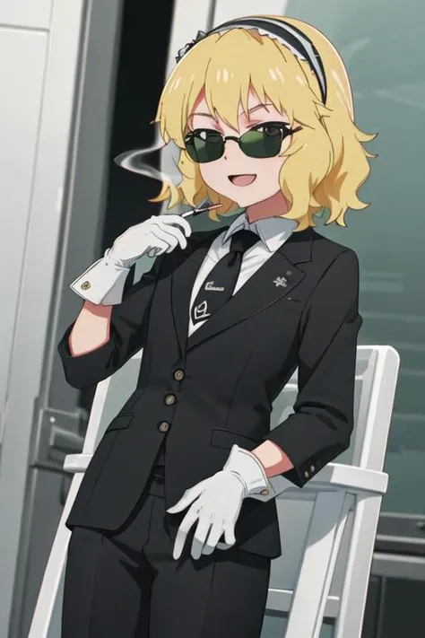 best quality, masterpiece, highres, solo, {black business suit:1.40}, {tie:1.20}, {sunglasses:1.25}, {white gloves:1.15}, {white shirt:1.10}, {black skirt:1.15}, {smoking:1.20}, handsome, {carol_malus_dienheim_senkizesshousymphogear:1.15}, blonde_hair, blue_eyes, short_hair, mole, mole_under_eye, hair_between_eyes, upper_body, closed_mouth, shiny_hair, anime_coloring, shiny