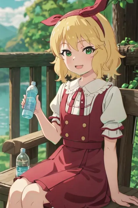 best quality, masterpiece, highres, solo, {sakurai_momoka_theidolmastercinderellagirlsu149:1.15}, blonde_hair, hairband, short_hair, green_eyes, bangs, upper_body, smile, bow, open_mouth, wavy_hair, bottle, closed_mouth, dress, frills, neck_ribbon, puffy_sleeves, red_ribbon, ribbon, short_sleeves, hair_bow, solo_focus, holding, holding_bottle, looking_at_viewer, water_bottle, 1girl, 2girls, hair_between_eyes, multiple_girls, puffy_short_sleeves, sitting