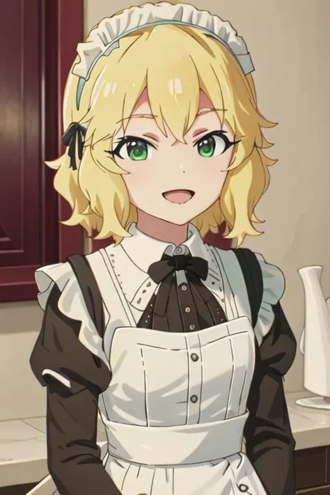 best quality, masterpiece, highres, solo, {maid:1.40}, {long maid dress:1.15}, {sakurai_momoka_theidolmastercinderellagirlsu149:1.15}, blonde_hair, hairband, short_hair, green_eyes, bangs, upper_body, smile, bow, open_mouth, wavy_hair