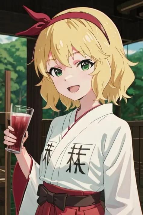 best quality, masterpiece, highres, solo, {white kimono:1.35}, {red hakama:1.35}, {wide sleeves:1.20}, {sakurai_momoka_theidolmastercinderellagirlsu149:1.15}, blonde_hair, hairband, short_hair, green_eyes, bangs, upper_body, smile, bow, open_mouth, wavy_hair