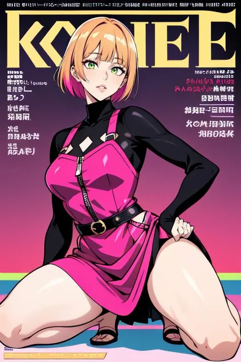 (otherworldly), highly insanely detailed, masterpiece, top quality, best quality, highres, 4k, 8k, RAW photo, (very aesthetic, beautiful and aesthetic), (((advertising style, Magazine cover-style illustration of a fashionable woman), (Fashion Magazine Cover):1.35), (The text on the cover should be bold and attention-grabbing, with the title of the magazine and a catchy headline. The overall style should be modern and trendy, with a focus on fashion and lifestyle), wall paper,fashion,depth of field, contrapposto,female focus,model, photorealistic,fine fabric emphasis), (closeup, face only, face focus, face closeup, close up of face, face photo), 1girl, (emerald eyes), short hair, caramel hair, blunt bangs,parted bangs,asymmetrical haircut hair, magenta clothes, female teenager, agile, indigenous peoples of the america, ruby red eyes, narrow nose, , brunette messy bun hair, pity wearing fleur-de-lis flare skort, quatrefoil mauve turtleneck, , arms crossed, displaying assertiveness, snug full body clothing, virtual reality graphene, engraving tool, cap sleeves, high-low hemline, natural waist, flared skirt, side seam slits,,back darts,,back pockets,,cross-back,,tie-dye,high slit, zipper closure, strawberry blonde lips, , (posing with her hands on her hips in an Asian squat position in front of a modern and dynamic background. She exudes confidence and sex appeal, with her daring fashion choices leaving little to the imagination), (a colorful background, multicolored background:1.25), (fantasy world)