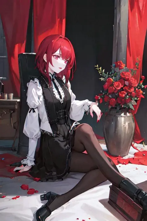 highly insanely detailed, masterpiece, top quality, best quality, highres, 4k, 8k, RAW photo, (very aesthetic, beautiful and aesthetic), profile, 1girl,   hair, very short hair,red hair, slicked-back hair hair,  black clothes, gothic maiden wearing Renaissance-inspired gown in deep purple velvet, trumpet sleeves, floor-length skirt, velvet slippers, dark red lipstick, dramatic black eyeshadow, heavy mascara, pale skin, dark nail polish, ,  vibrant background, vivid background,