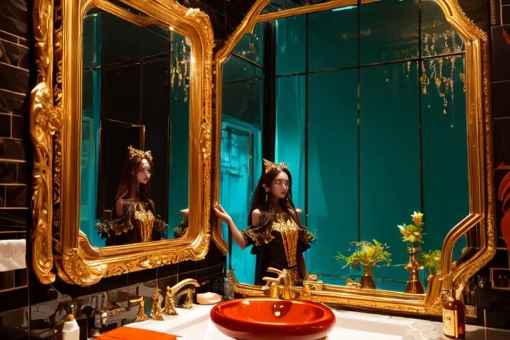 (otherworldly), highly insanely detailed, masterpiece, top quality, best quality, highres, 4k, 8k, RAW photo, (very aesthetic, beautiful and aesthetic), 1girl,wearing chitin armoured dress,a sink with bathroom with bath,window,soap ,tile floor,chitin a sink,chitin bathroom ,chitin mirror,chitin,(chitin theme:1.2),(rough jagged texture:1.3),glow,jade ,very long hair,teal hair,red brown hair,gradient hair  , 
1girl, solo, 
Tower13_Gizelle, 
a beautiful elvish girl, 
dark_skin, tan_skin, tanned skin, dark skin, dark-skinned, black-skinned, bronze skin, 
(tangerine hair,), 
a colorful background,solid color,solid color background,multicolored background,neon color,gradient background, (fantasy world)âââ