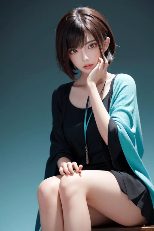 highly insanely detailed, masterpiece, top quality, best quality, highres, 4k, 8k, RAW photo, (very aesthetic, beautiful and aesthetic), (closeup, face only, face focus, face closeup, close up of face, face photo), 1girl,   hair, very short hair,brunette hair, braided haircut hair,  black clothes,  enchanter's skort,  seeress cloaks,   , guilt, wariza, sitting, w-sitting, hand between legs, between legs, black and cyan background,